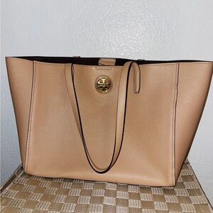 Tory Burch Beige Pebbled Leather Tote with Gold Logo